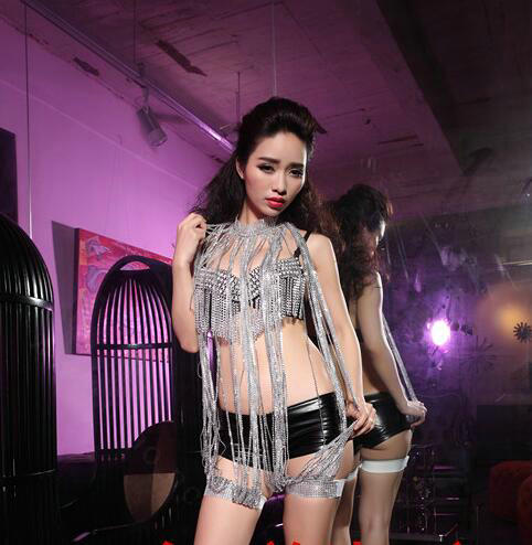 Fashion Crystal Belly Body Chain Nightclub Showgirl Sexy Long Tassel Necklace Jewelry - Sliver
