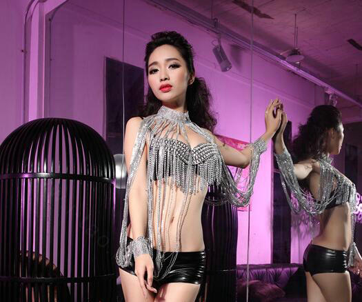 Fashion Crystal Belly Body Chain Nightclub Showgirl Sexy Long Tassel Necklace Jewelry - Sliver