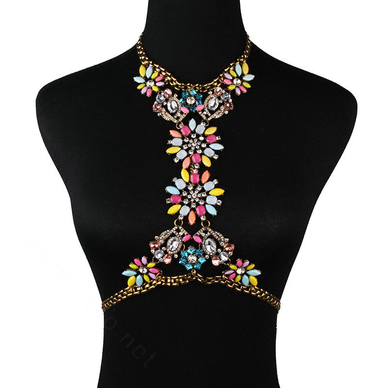 Fashion Crystal Flower Bib Pendant Necklace Dinner Party Dress Decro Body Chain - Colour