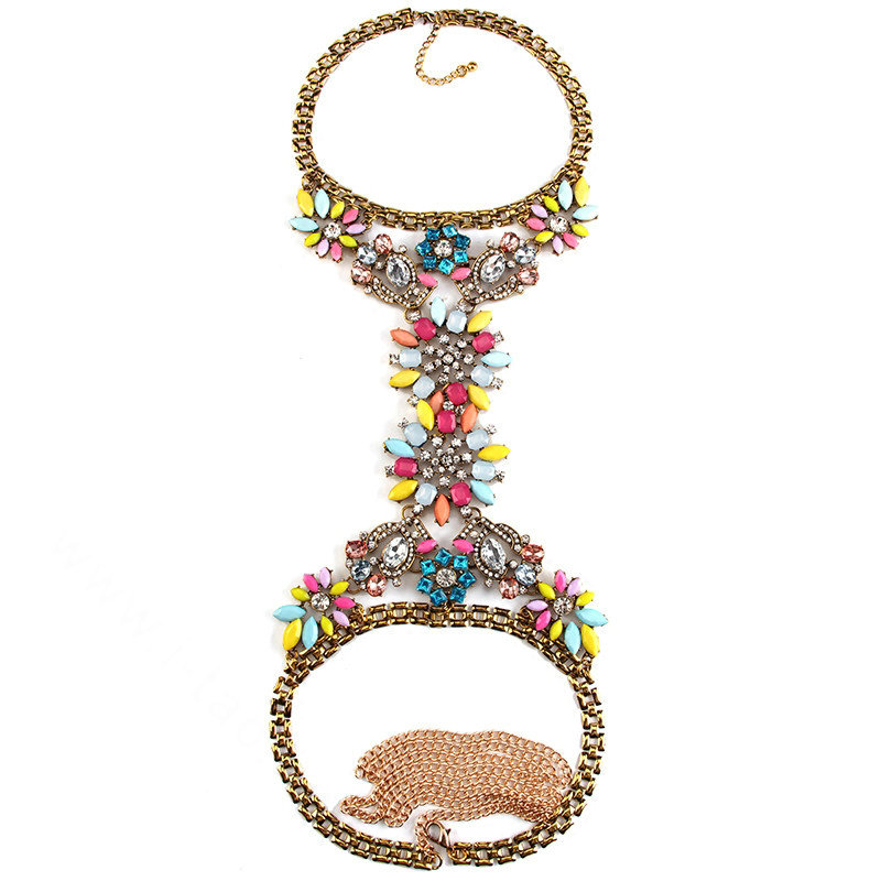Fashion Crystal Flower Bib Pendant Necklace Dinner Party Dress Decro Body Chain - Colour