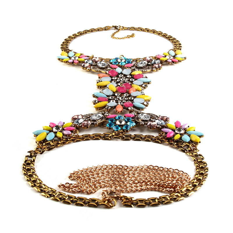 Fashion Crystal Flower Bib Pendant Necklace Dinner Party Dress Decro Body Chain - Colour
