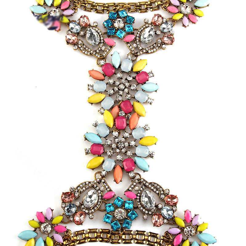 Fashion Crystal Flower Bib Pendant Necklace Dinner Party Dress Decro Body Chain - Colour