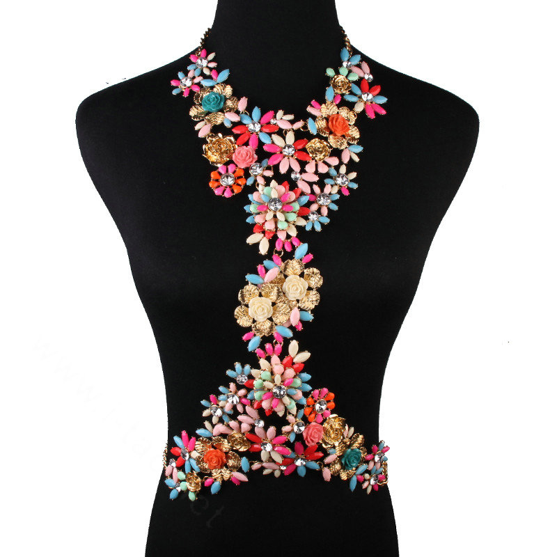 Fashion Crystal Flower Pendant Necklace Bikini Beach Dress Decro Body Chain Jewelry - Colour