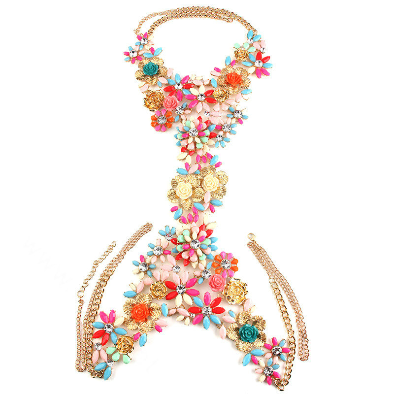 Fashion Crystal Flower Pendant Necklace Bikini Beach Dress Decro Body Chain Jewelry - Colour