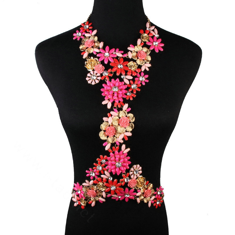 Fashion Crystal Flower Pendant Necklace Bikini Beach Dress Decro Body Chain Jewelry - Rose