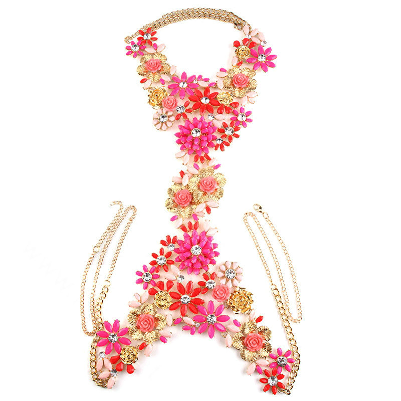 Fashion Crystal Flower Pendant Necklace Bikini Beach Dress Decro Body Chain Jewelry - Rose
