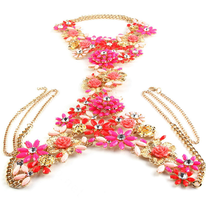 Fashion Crystal Flower Pendant Necklace Bikini Beach Dress Decro Body Chain Jewelry - Rose
