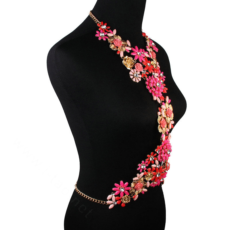 Fashion Crystal Flower Pendant Necklace Bikini Beach Dress Decro Body Chain Jewelry - Rose