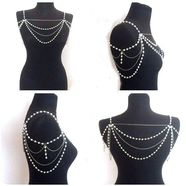 Fashion Pearl Shoulder Necklace Multilayer Tassels Body Chains Bride Jewelry - Gold