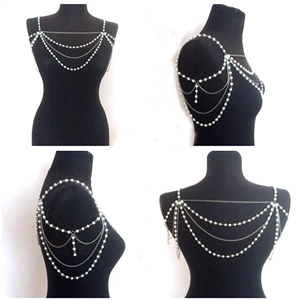 Fashion Pearl Shoulder Necklace Multilayer Tassels Body Chains Bride Jewelry - Sliver