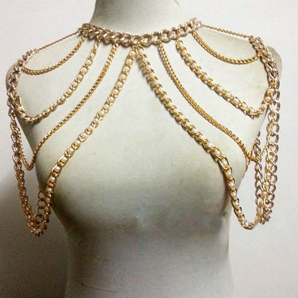 Fashion Pearl Shoulder Necklace Multilayer Tassels Body Chains Punk Jewelry - Gold