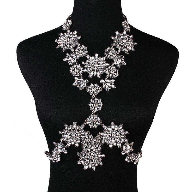 Fashion Rhinestone Flower Collar Pendant Necklace Dress Decro Body Chains Jewelry - White