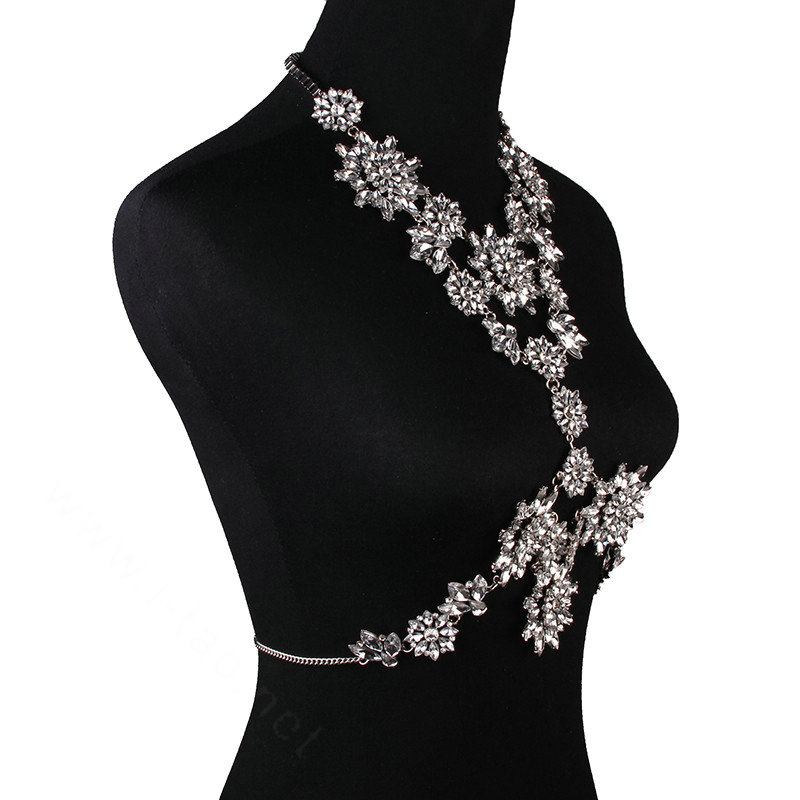 Fashion Rhinestone Flower Collar Pendant Necklace Dress Decro Body Chains Jewelry - White
