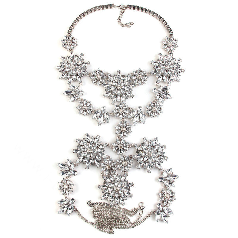 Fashion Rhinestone Flower Collar Pendant Necklace Dress Decro Body Chains Jewelry - White