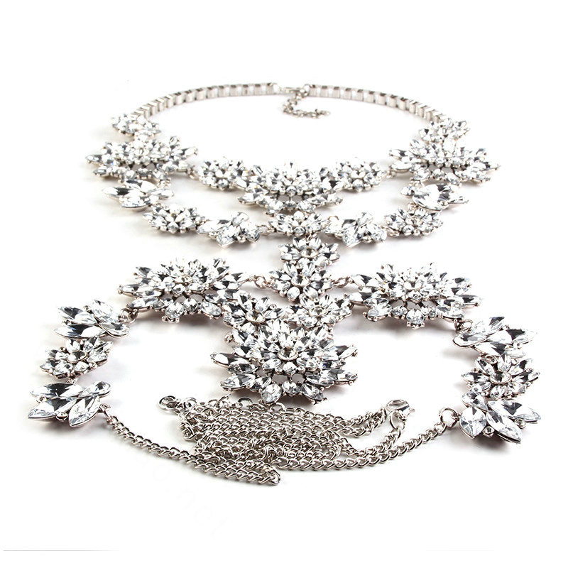 Fashion Rhinestone Flower Collar Pendant Necklace Dress Decro Body Chains Jewelry - White