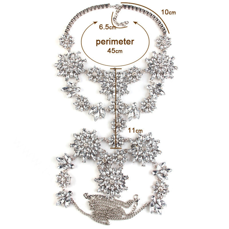 Fashion Rhinestone Flower Collar Pendant Necklace Dress Decro Body Chains Jewelry - White