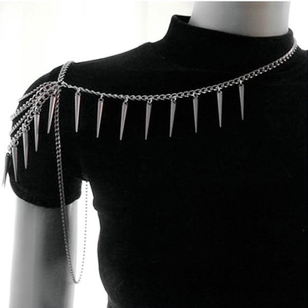 Fashion Rivet Tassels Shoulder Necklace Body Chain Punk Dress Decor Jewelry - Gold
