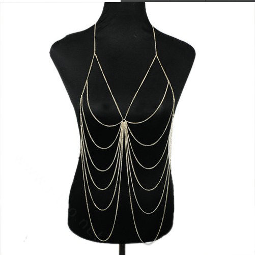 Fashion Stunning Bikini Alloy Body Chain Bra Slave Harness Necklace Jewelry - Gold