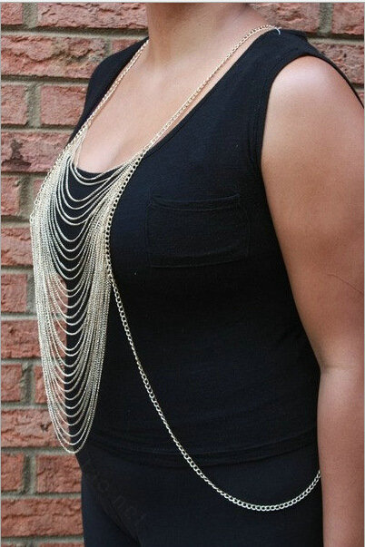 Fashion Stunning Punk Alloy Body Chain Bra Slave Harness Necklace Jewelry - Gold