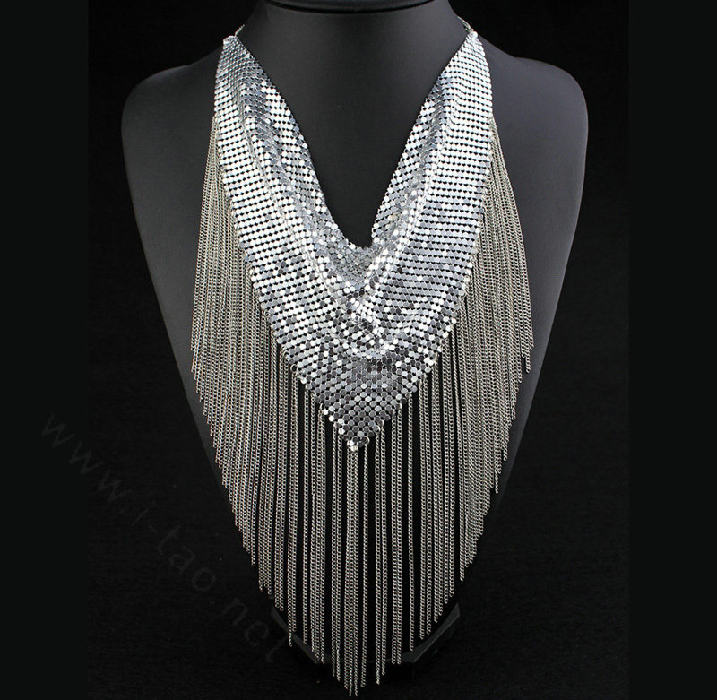Fashion Triangle Tassel Collar Necklace Scarf Showgirl Dress Decor Jewelry - Sliver