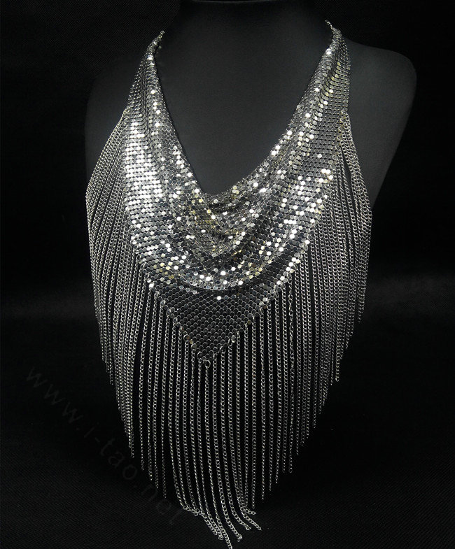 Fashion Triangle Tassel Collar Necklace Scarf Showgirl Dress Decor Jewelry - Sliver