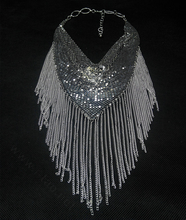 Fashion Triangle Tassel Collar Necklace Scarf Showgirl Dress Decor Jewelry - Sliver
