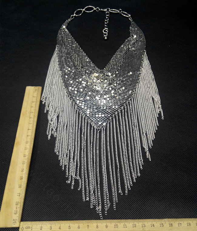 Fashion Triangle Tassel Collar Necklace Scarf Showgirl Dress Decor Jewelry - Sliver