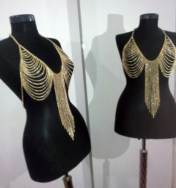 Fashion Women Sexy Body Chain Bra Slave Harness Necklace Tassel Jewelry - Gold