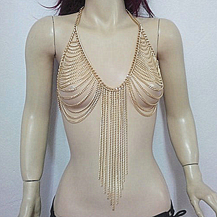 Fashion Women Sexy Body Chain Bra Slave Harness Necklace Tassel Jewelry - Sliver
