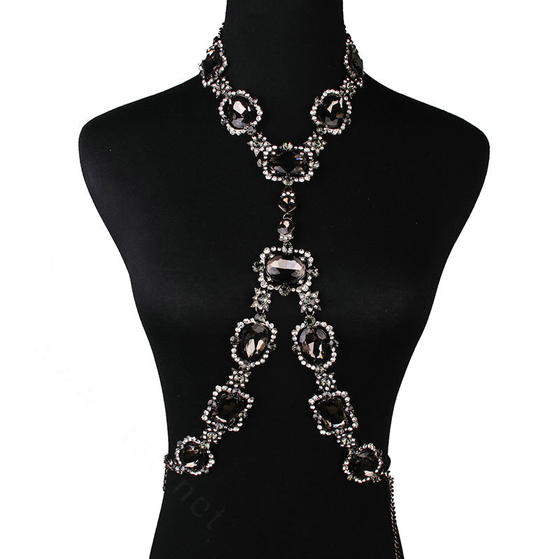Gorgeous Rhinestone Flower Collar Pendant Necklace Dress Decro Body Chains Jewelry - Black