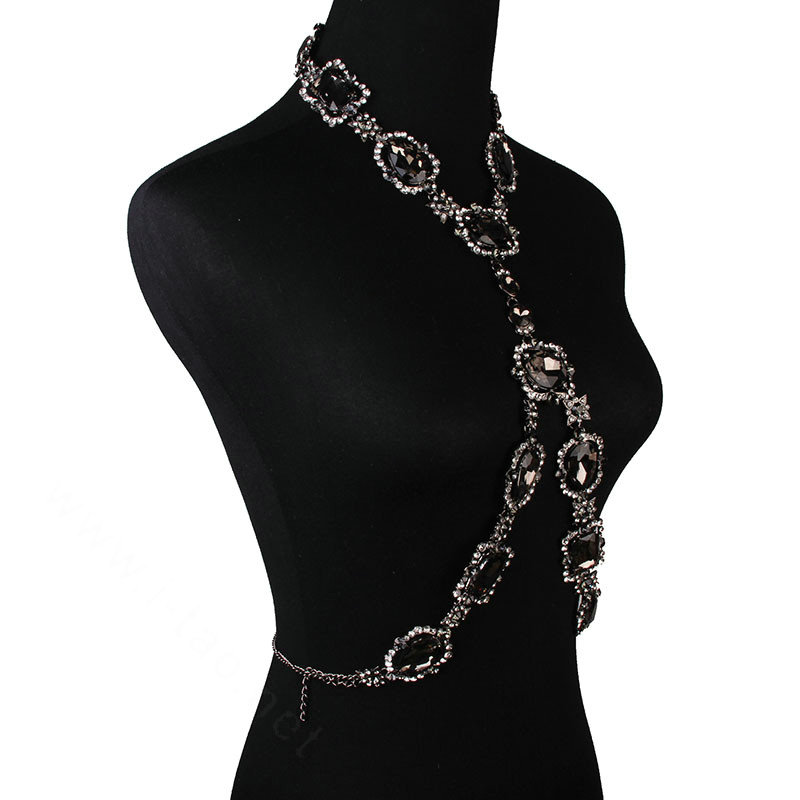 Gorgeous Rhinestone Flower Collar Pendant Necklace Dress Decro Body Chains Jewelry - Black