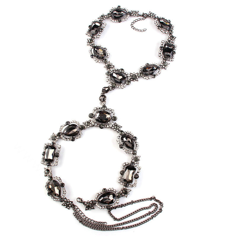 Gorgeous Rhinestone Flower Collar Pendant Necklace Dress Decro Body Chains Jewelry - Black