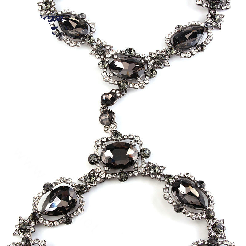 Gorgeous Rhinestone Flower Collar Pendant Necklace Dress Decro Body Chains Jewelry - Black