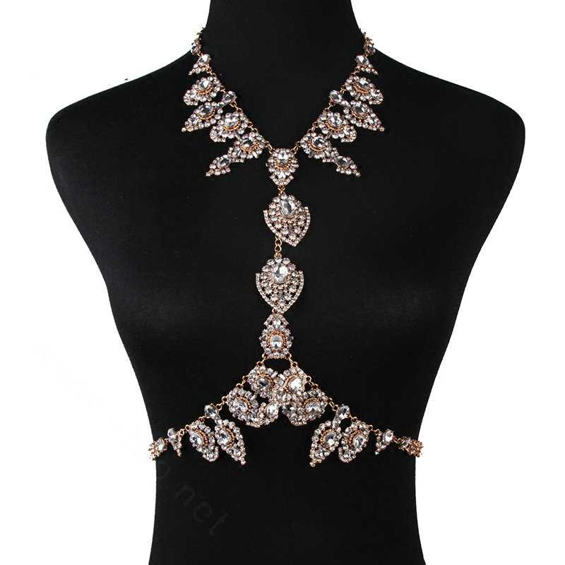 Gorgeous Rhinestone Flower Collar Pendant Necklace Dress Decro Body Chains Jewelry - Gold