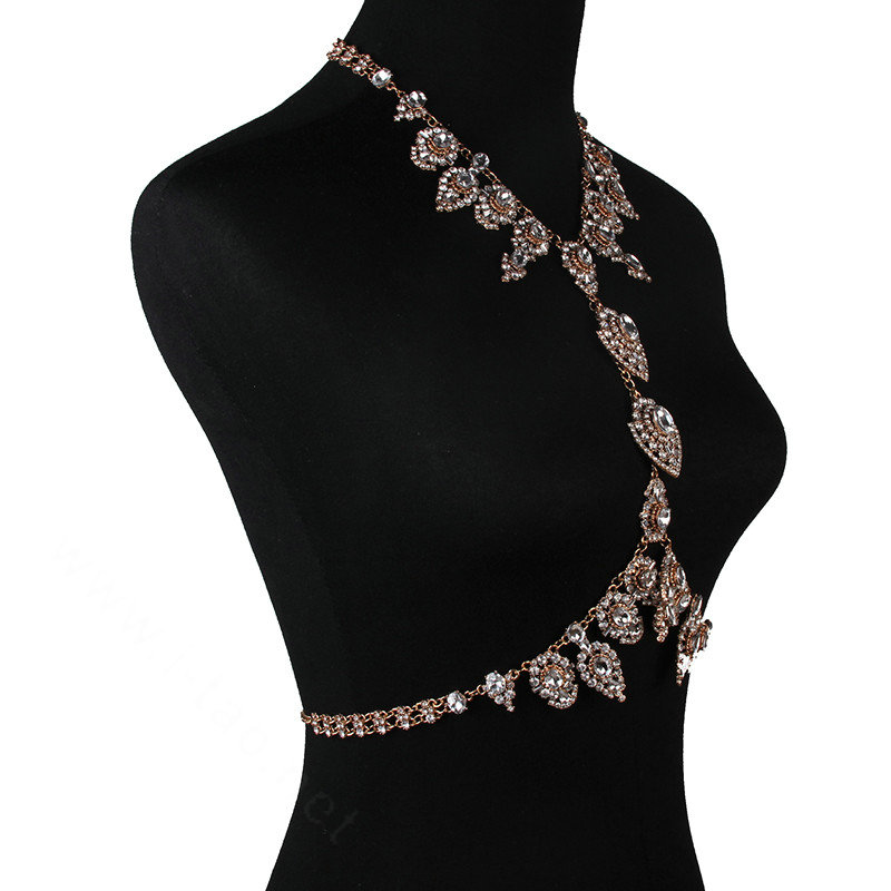 Gorgeous Rhinestone Flower Collar Pendant Necklace Dress Decro Body Chains Jewelry - Gold