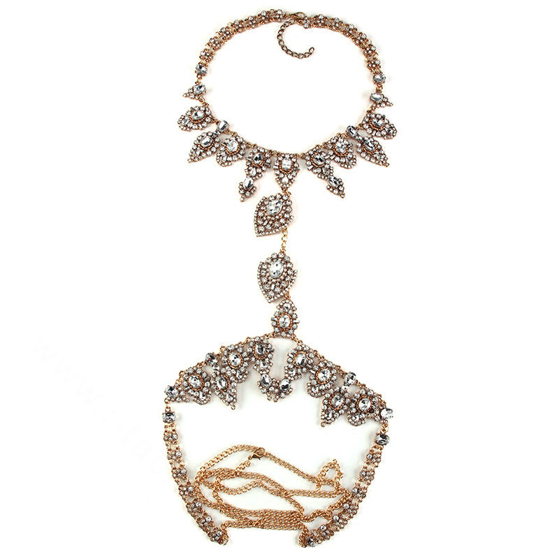 Gorgeous Rhinestone Flower Collar Pendant Necklace Dress Decro Body Chains Jewelry - Gold