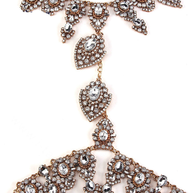 Gorgeous Rhinestone Flower Collar Pendant Necklace Dress Decro Body Chains Jewelry - Gold