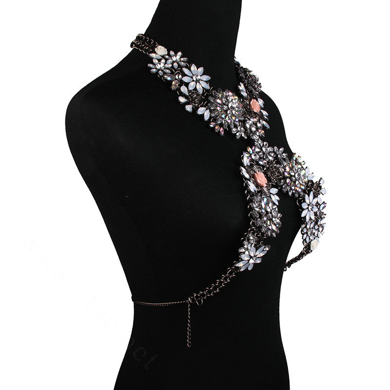 Gorgeous Rhinestone Flower Collar Pendant Necklace Dress Decro Body Chains Jewelry - Pink