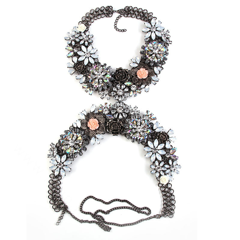 Gorgeous Rhinestone Flower Collar Pendant Necklace Dress Decro Body Chains Jewelry - Pink