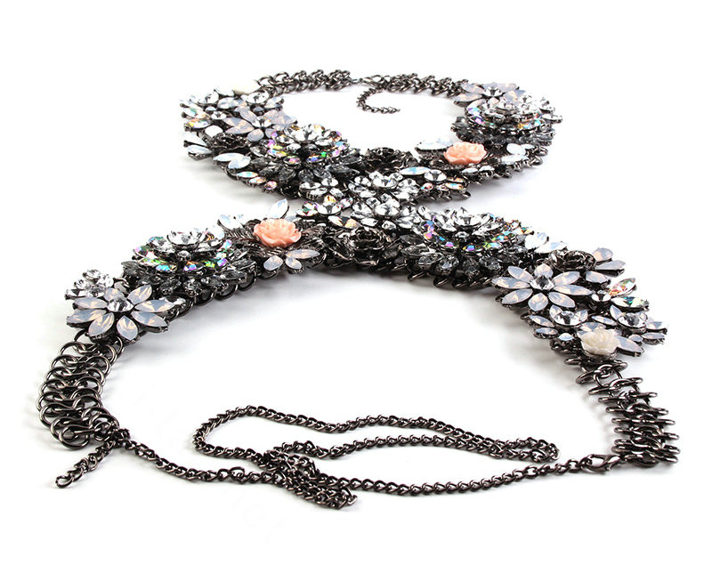 Gorgeous Rhinestone Flower Collar Pendant Necklace Dress Decro Body Chains Jewelry - Pink