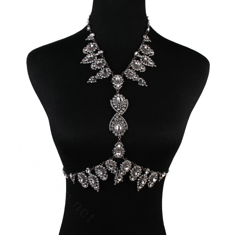 Gorgeous Rhinestone Flower Collar Pendant Necklace Dress Decro Body Chains Jewelry - White