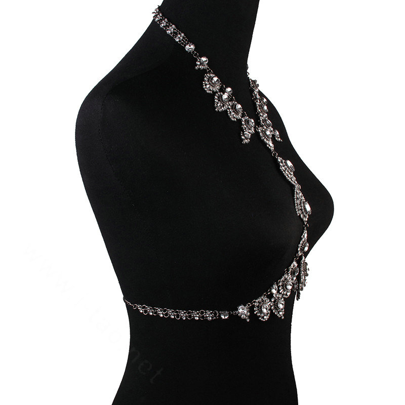 Gorgeous Rhinestone Flower Collar Pendant Necklace Dress Decro Body Chains Jewelry - White
