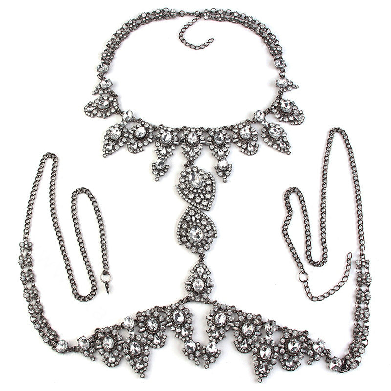 Gorgeous Rhinestone Flower Collar Pendant Necklace Dress Decro Body Chains Jewelry - White