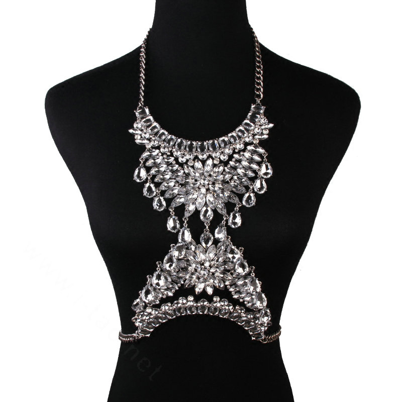 Gorgeous Rhinestone Flower Waterdrops Pendant Necklace Dress Decro Body Chains Jewelry - White