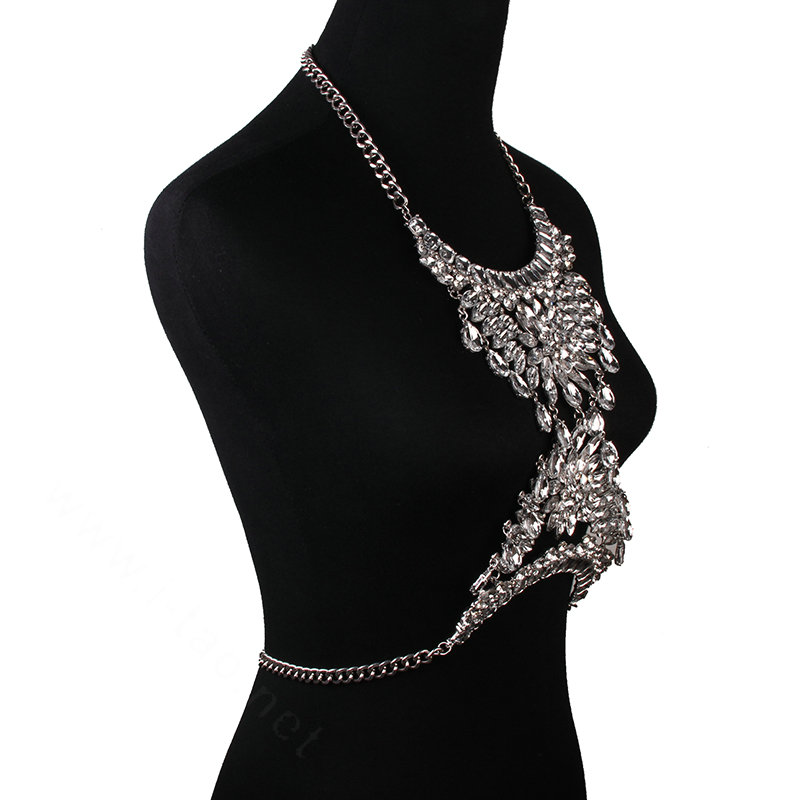 Gorgeous Rhinestone Flower Waterdrops Pendant Necklace Dress Decro Body Chains Jewelry - White