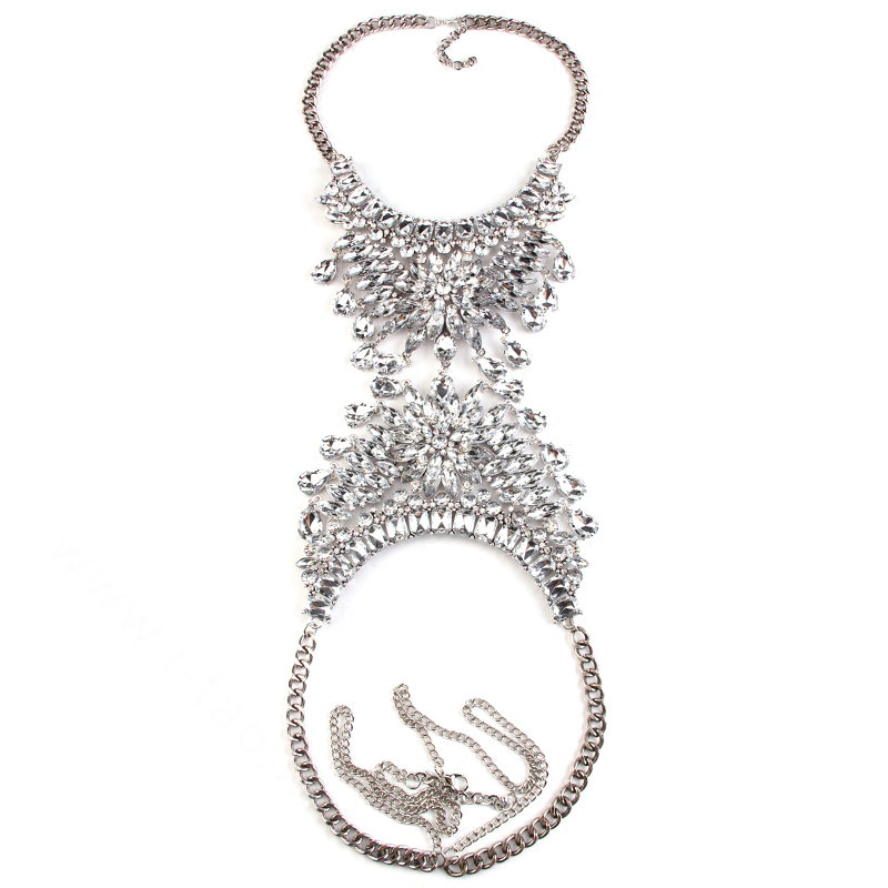 Gorgeous Rhinestone Flower Waterdrops Pendant Necklace Dress Decro Body Chains Jewelry - White