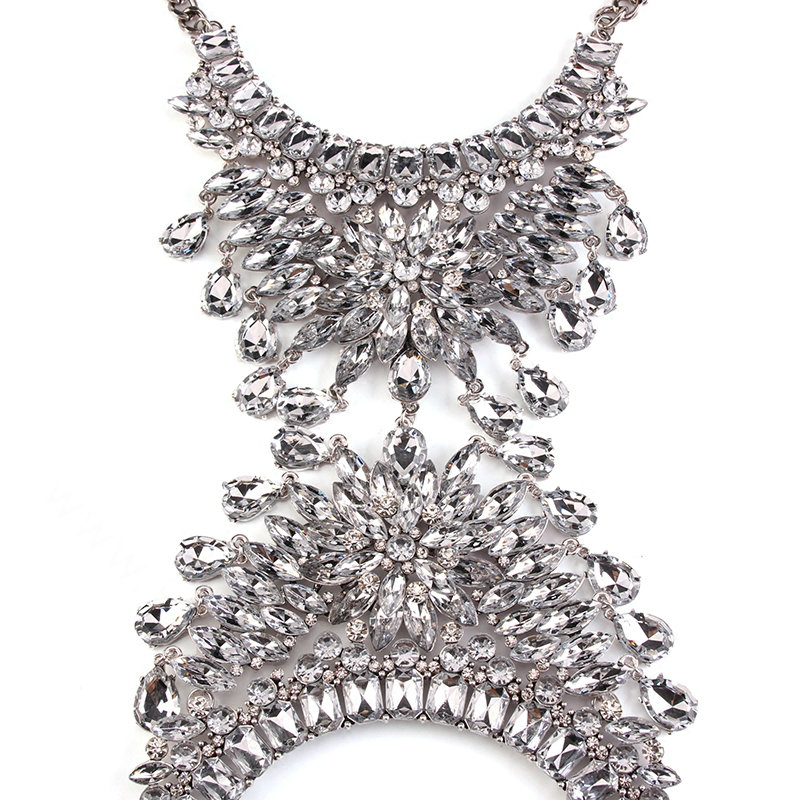 Gorgeous Rhinestone Flower Waterdrops Pendant Necklace Dress Decro Body Chains Jewelry - White