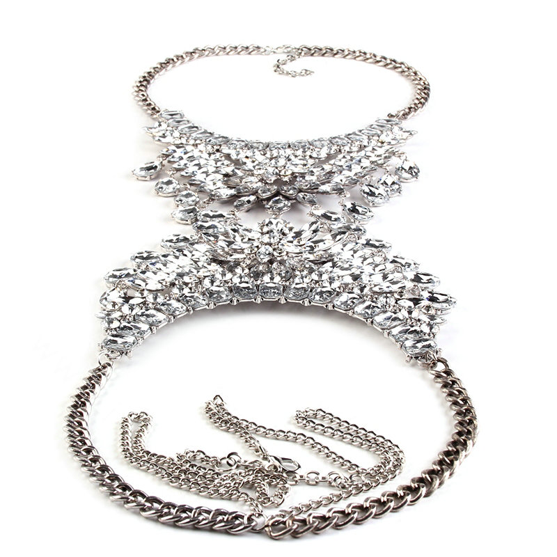 Gorgeous Rhinestone Flower Waterdrops Pendant Necklace Dress Decro Body Chains Jewelry - White