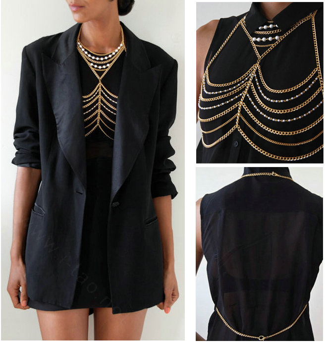 HOT SALE Pearl Necklace Layers Bikini Breast Bra Body Chains Jewelry - Gold