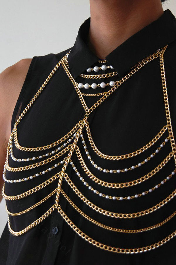 HOT SALE Pearl Necklace Layers Bikini Breast Bra Body Chains Jewelry - Gold